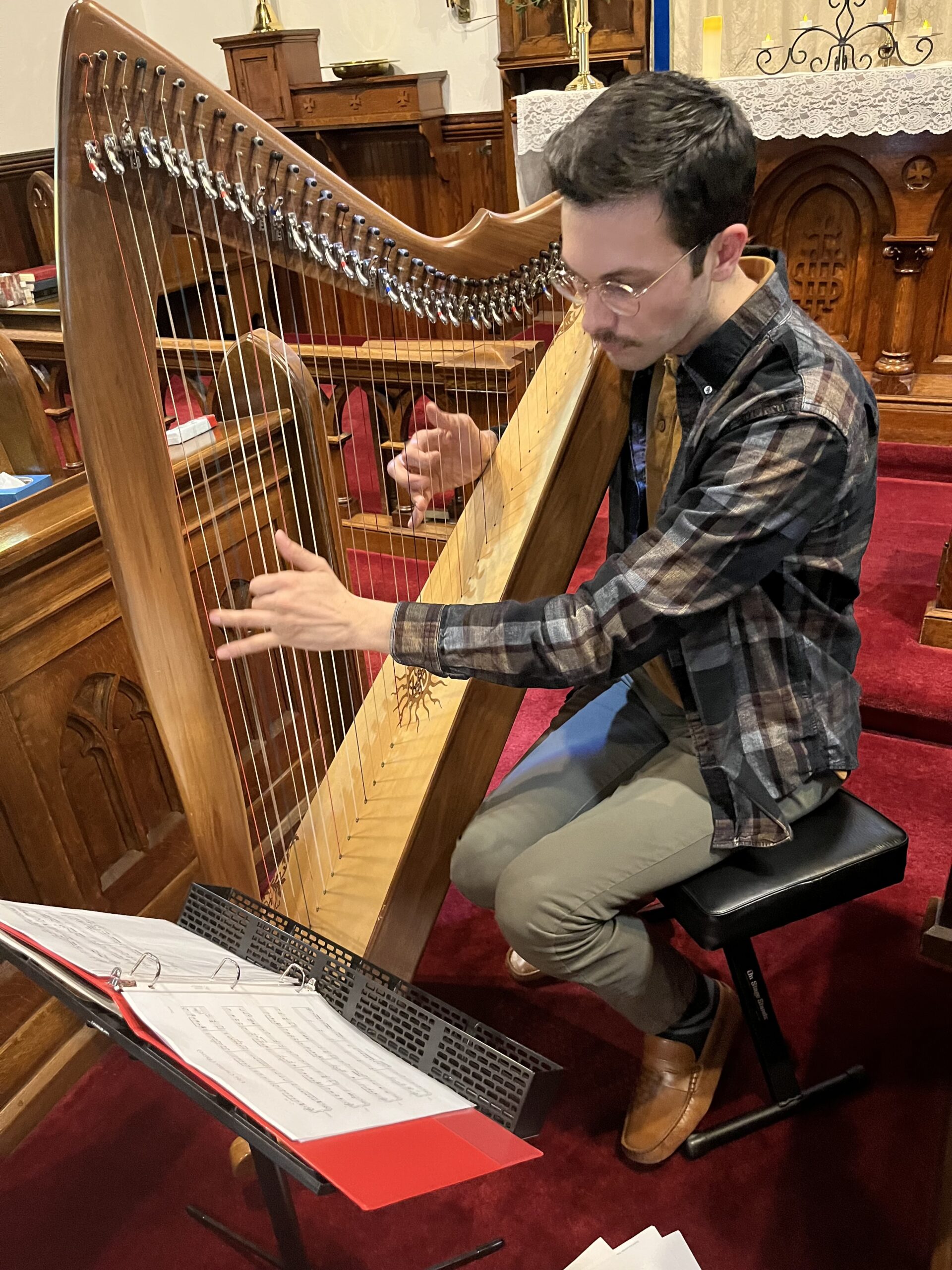 young man playing the harp