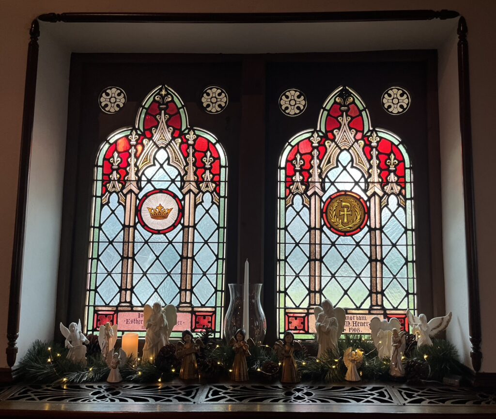 church window decorated for Christmas