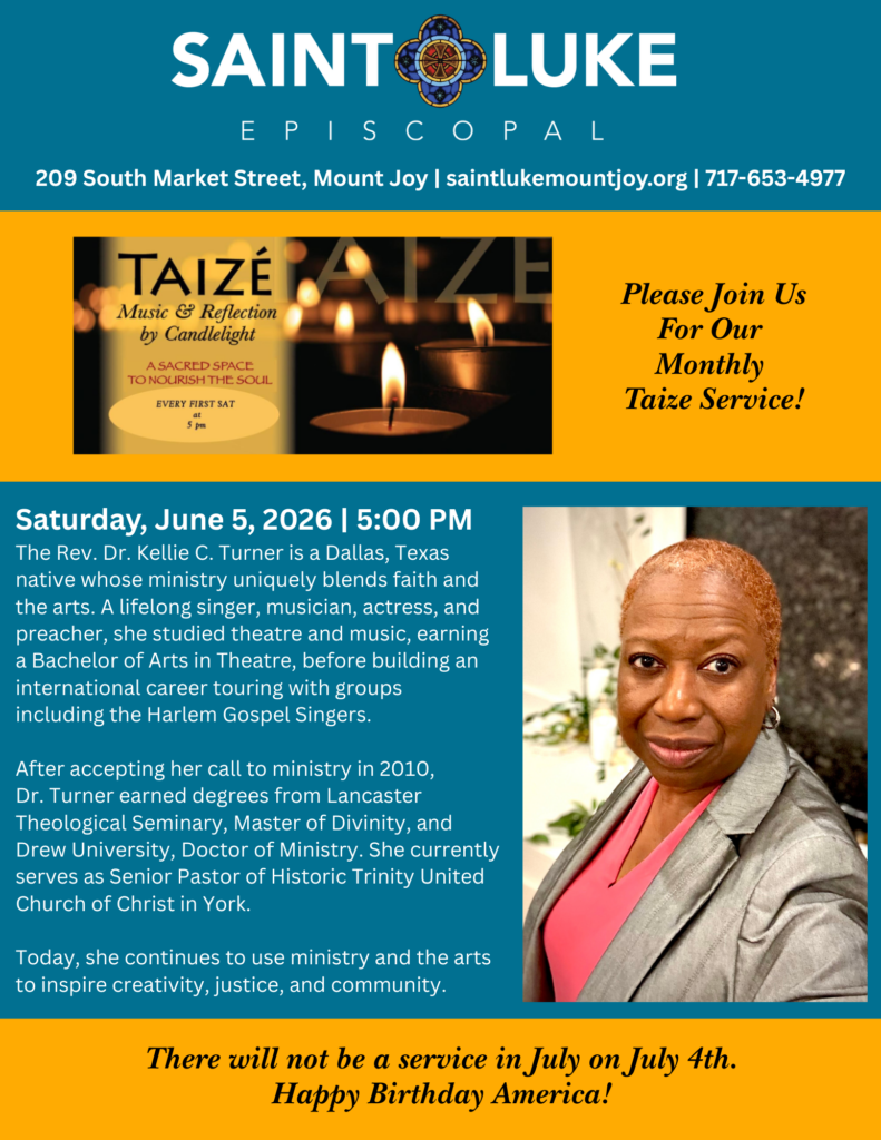 poster describing musician who will lead Taize worship service